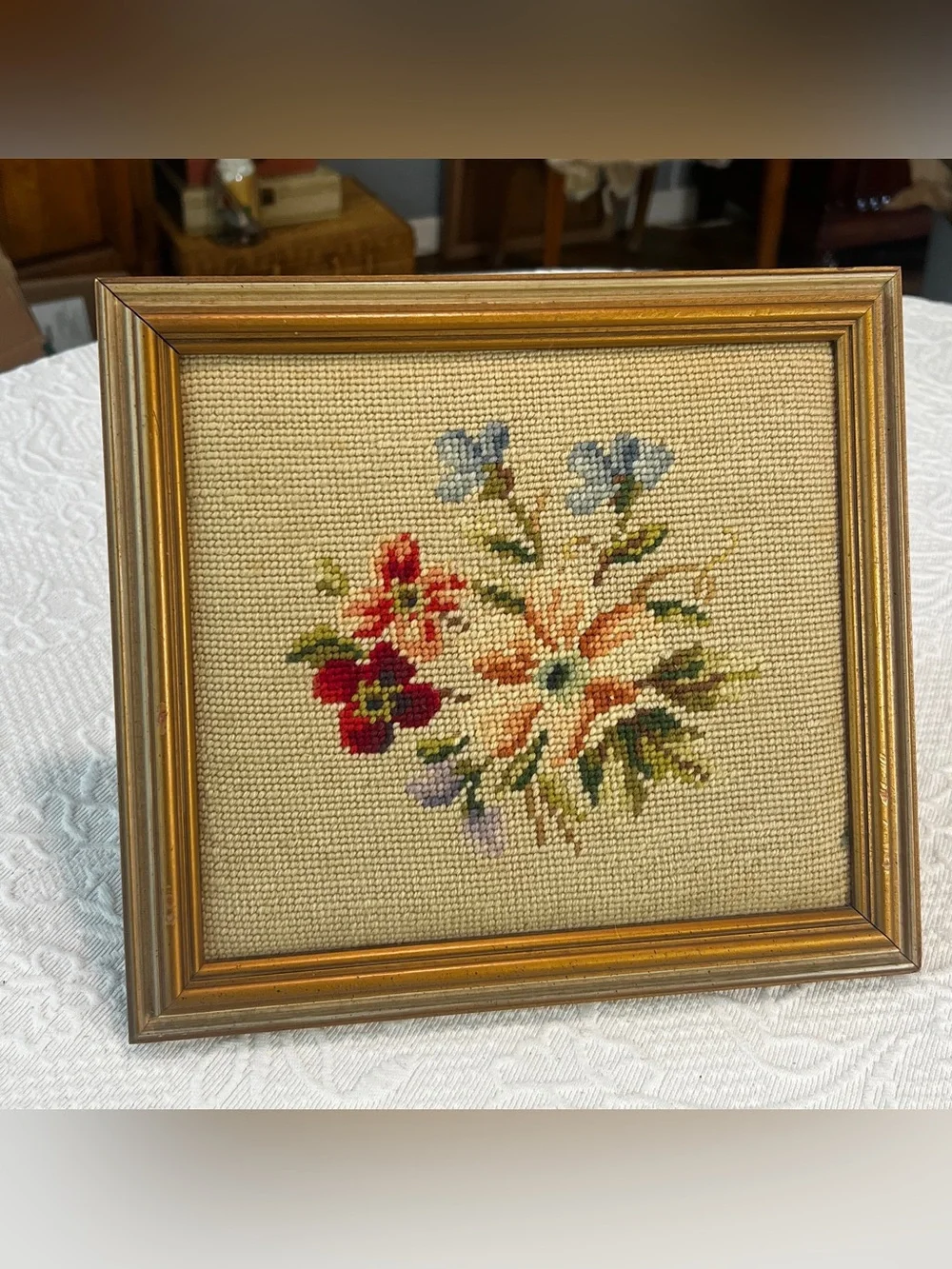 Floral Needlepoint Embroidered Framed Wall Art VTG Cottage Muted Flowers Tan